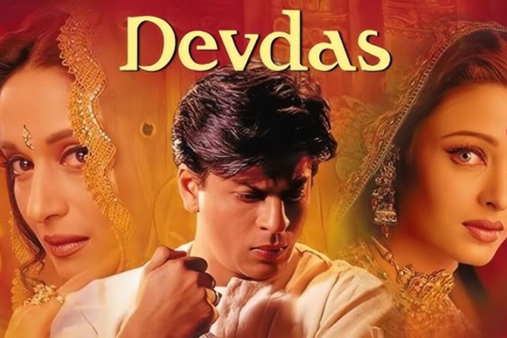 Devdas movie poster – Shah Rukh Khan, Aishwarya Rai, and Madhuri Dixit in a tragic love story