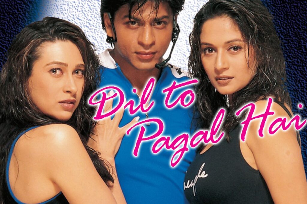 Dil To Pagal Hai movie poster featuring Shah Rukh Khan, Madhuri Dixit, and Karisma Kapoor – a Bollywood musical romance