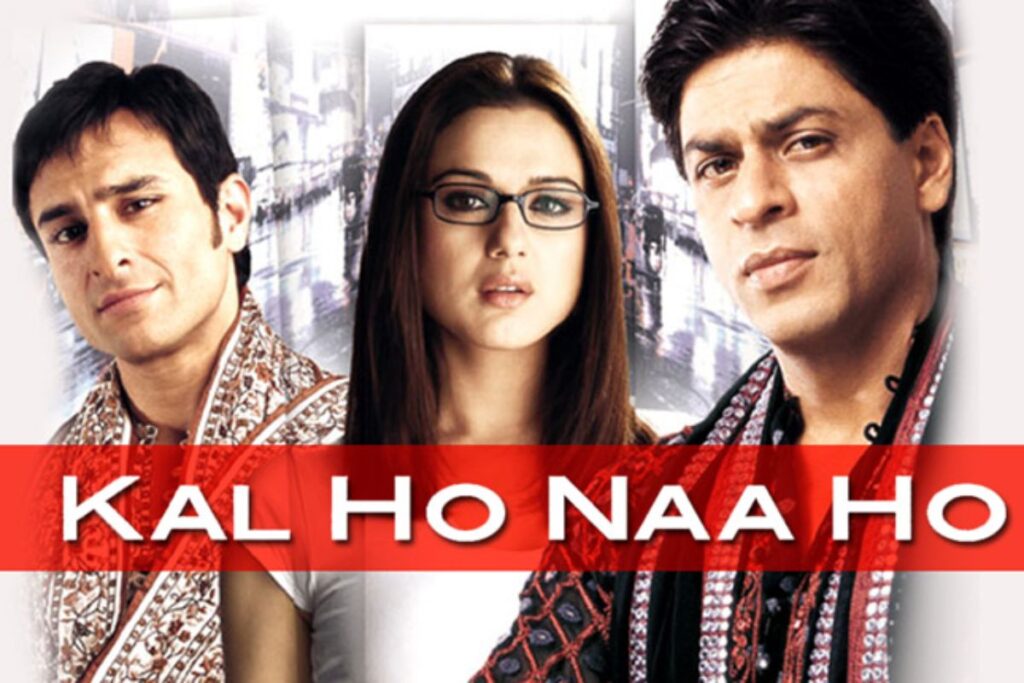 Kal Ho Naa Ho movie poster – Shah Rukh Khan, Preity Zinta, and Saif Ali Khan in an emotional love story