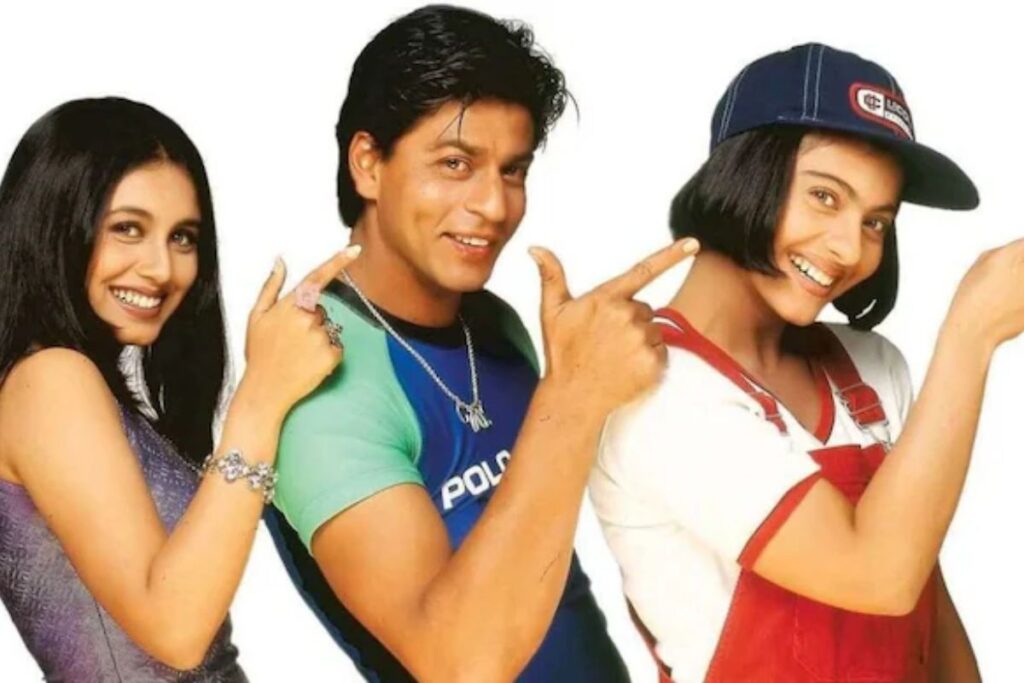 Kuch Kuch Hota Hai movie poster – Shah Rukh Khan, Kajol, and Rani Mukerji in a love triangle